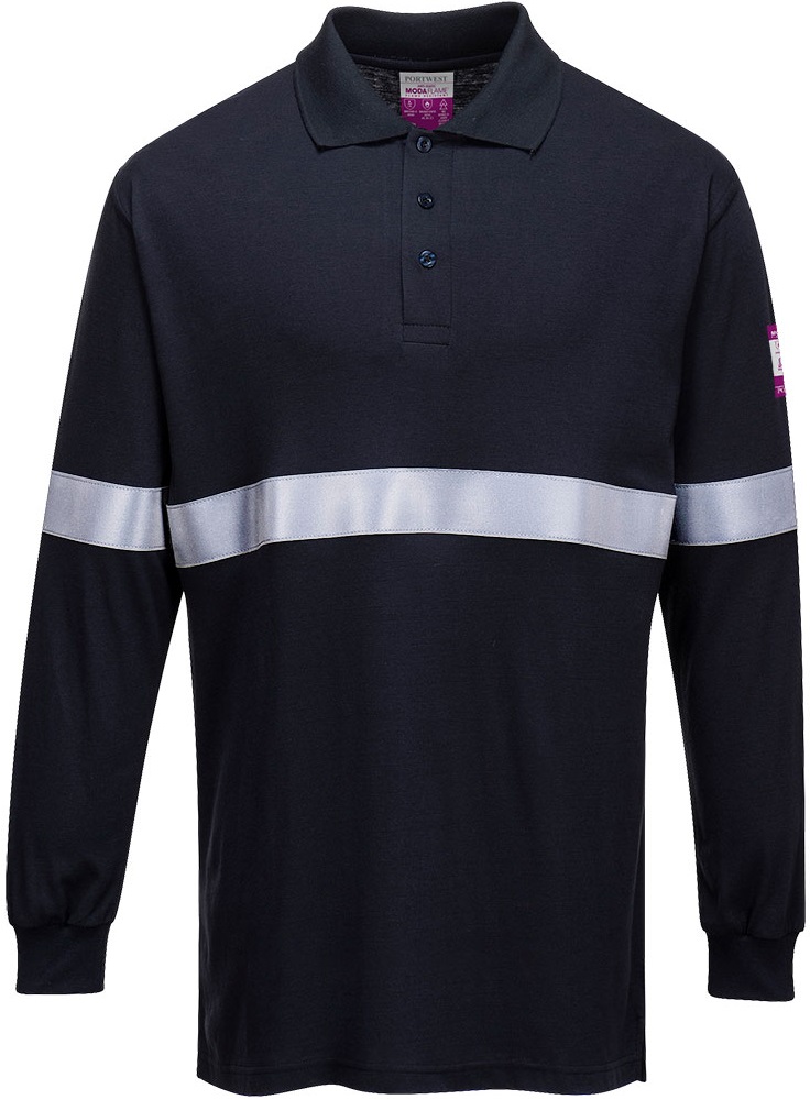 FR03NAR Portwest FR03 long sleeve polo shirt with reflective stripes 40+ UPF