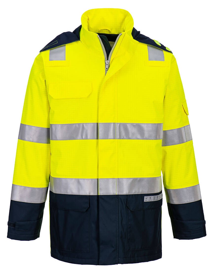 Portwest FR605 leichte Multinorm-Warnschutzjacke mit Störlichtbogenschutz leuchtgelb-marine